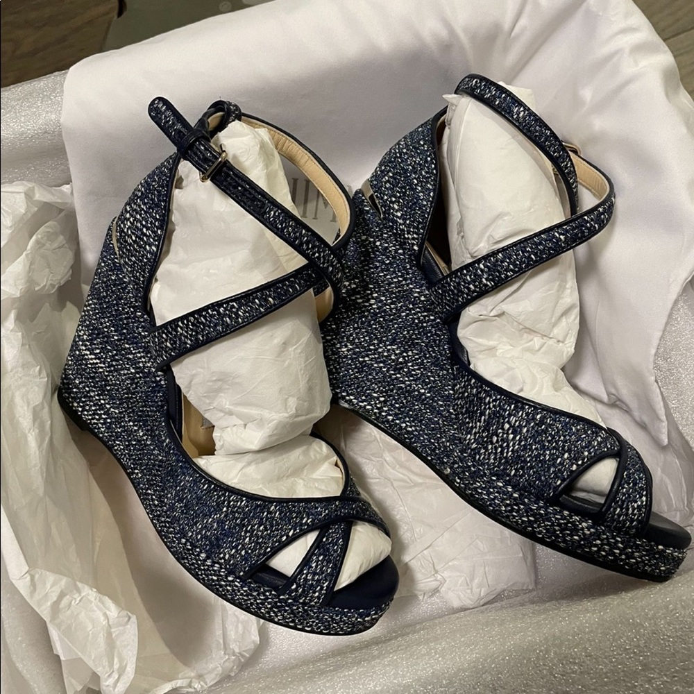 Jimmy Choo Blue Tweed Wedges - Picture 2 of 7